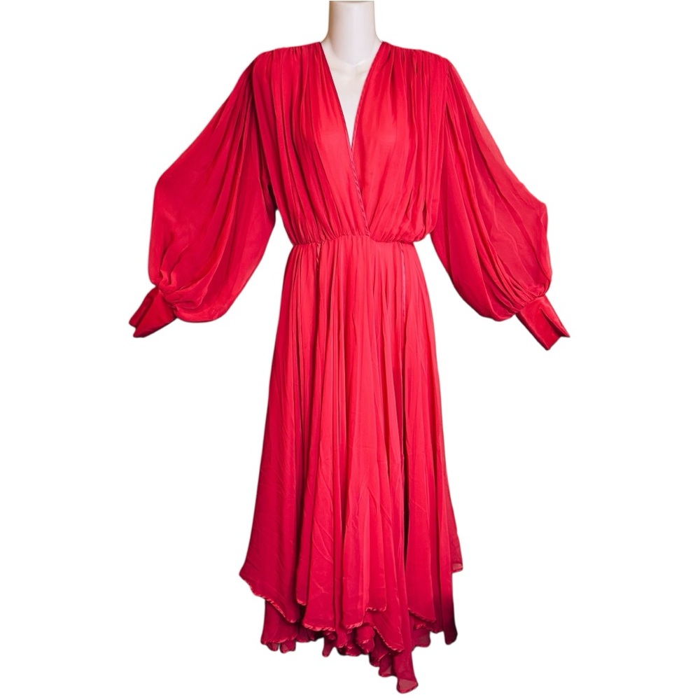 Vintage 80s Red Wayne Clark Long Sheer Sleeve Cocktail Chiffon Dress - 2